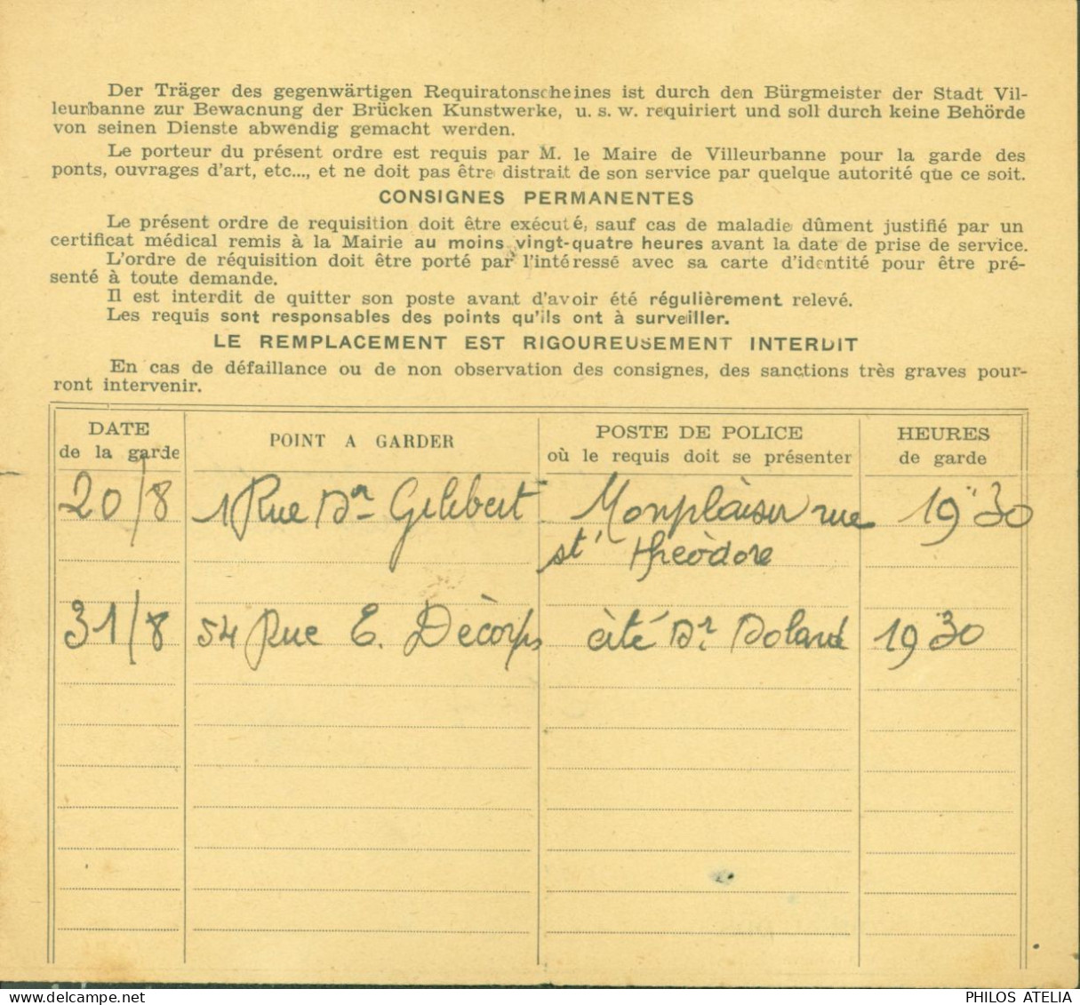 Guerre 40 Villeurbanne Service Des Requis Etat Français Ordre Réquisition Individuelle Gardiennage Ponts Ouvrages D'art - Guerra De 1939-45