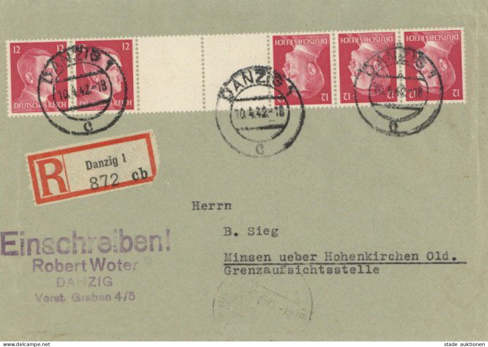 DANZIG - DR-HITLER-ZUSAMMEN-KEHRDRUCK Portoger. Auf R-Fernbrief O Danzig 10.4.42 Rücks. Danzig-Werbe-Vignetten I-II - Guerra 1939-45