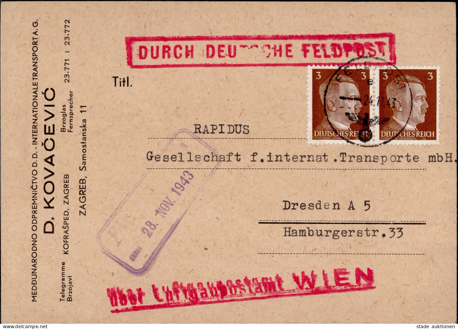 FELDPOST WK II - Frankierte DEUTSCHE FELDPOSTKARTE ZAGREB 24.11.43 I - Weltkrieg 1939-45