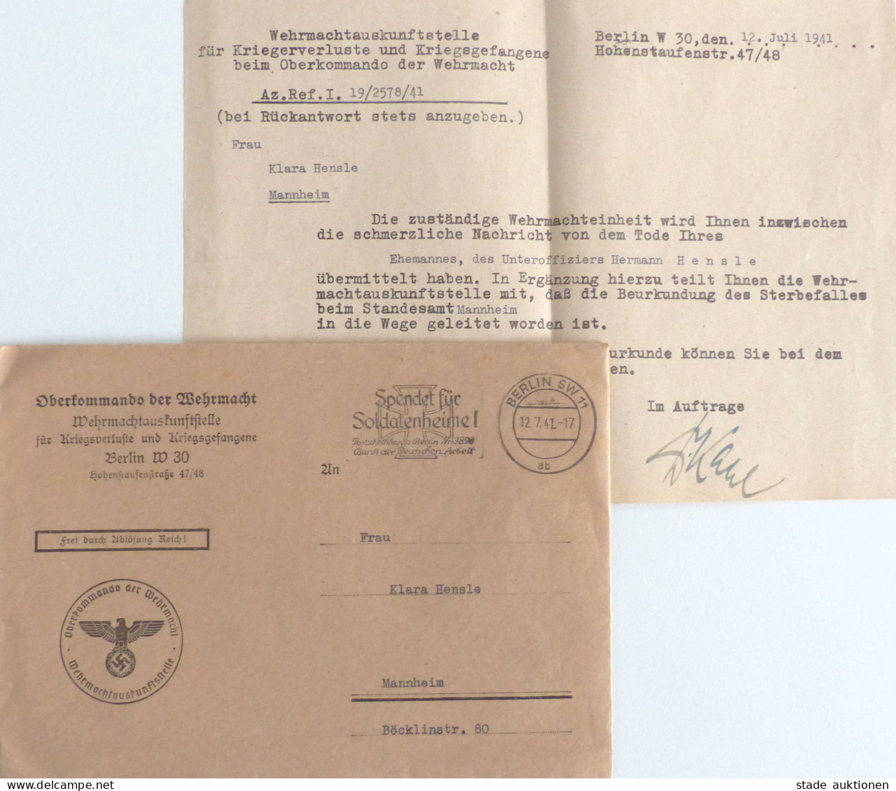 Feldpost WK II Wehrmachtauskunftstelle Für Kriegsverluste U. Kriegsgefangene Mit Inhalt (Sterbemitteilung) 1941 I - Weltkrieg 1939-45