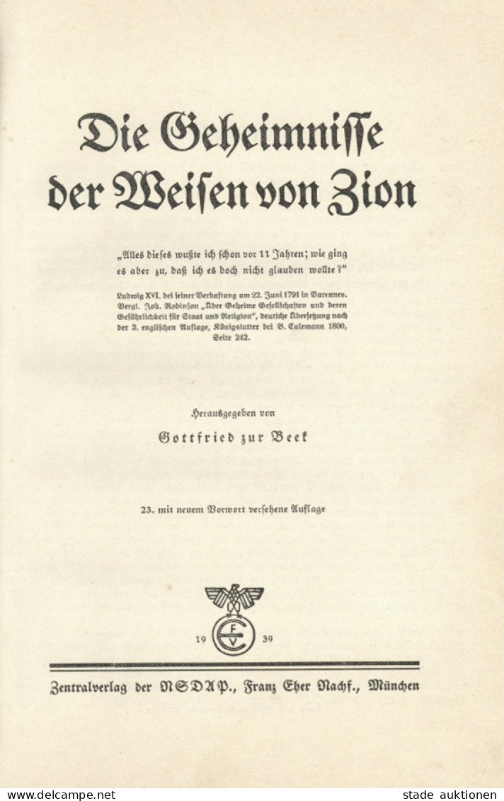 Judaika Buch Die Geheimnisse Der Weisen Von Zion Von Beek, Gottfried 1939, Zentralverlag Der NSDAP Eher München, 74 S. I - Judaisme