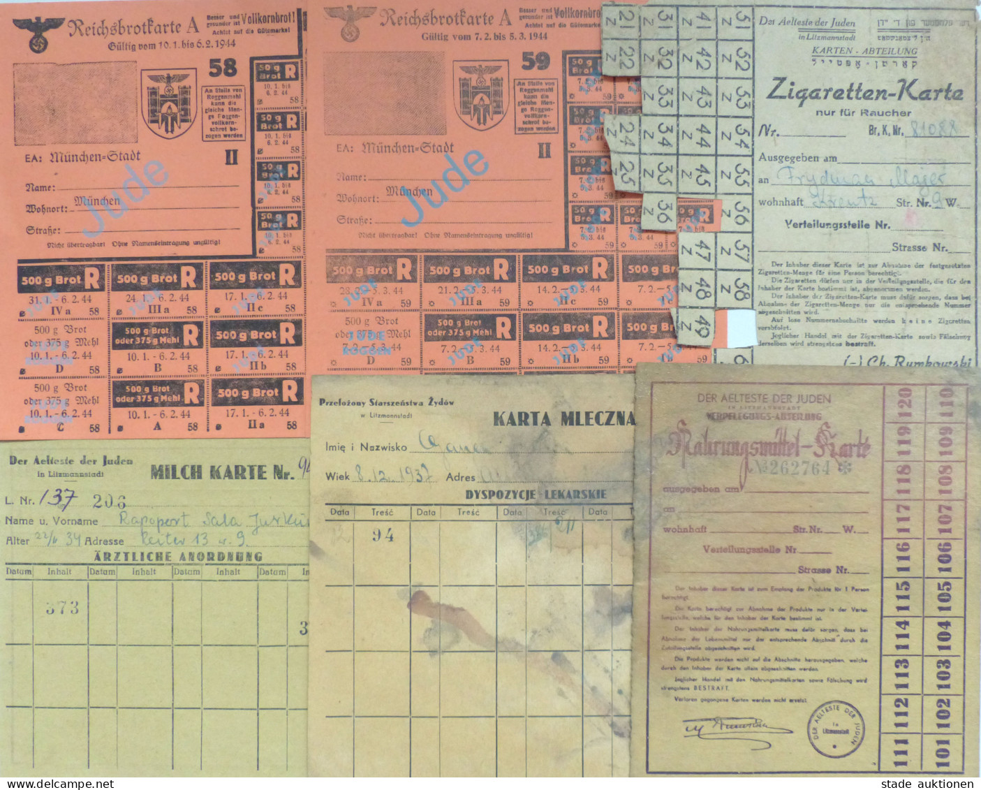 Judaika Kleines Lot Mit Lebensmittelkarten Und Zigaretten-Karten Litzmannstadt Und München Für Juden Judaisme - Judaisme