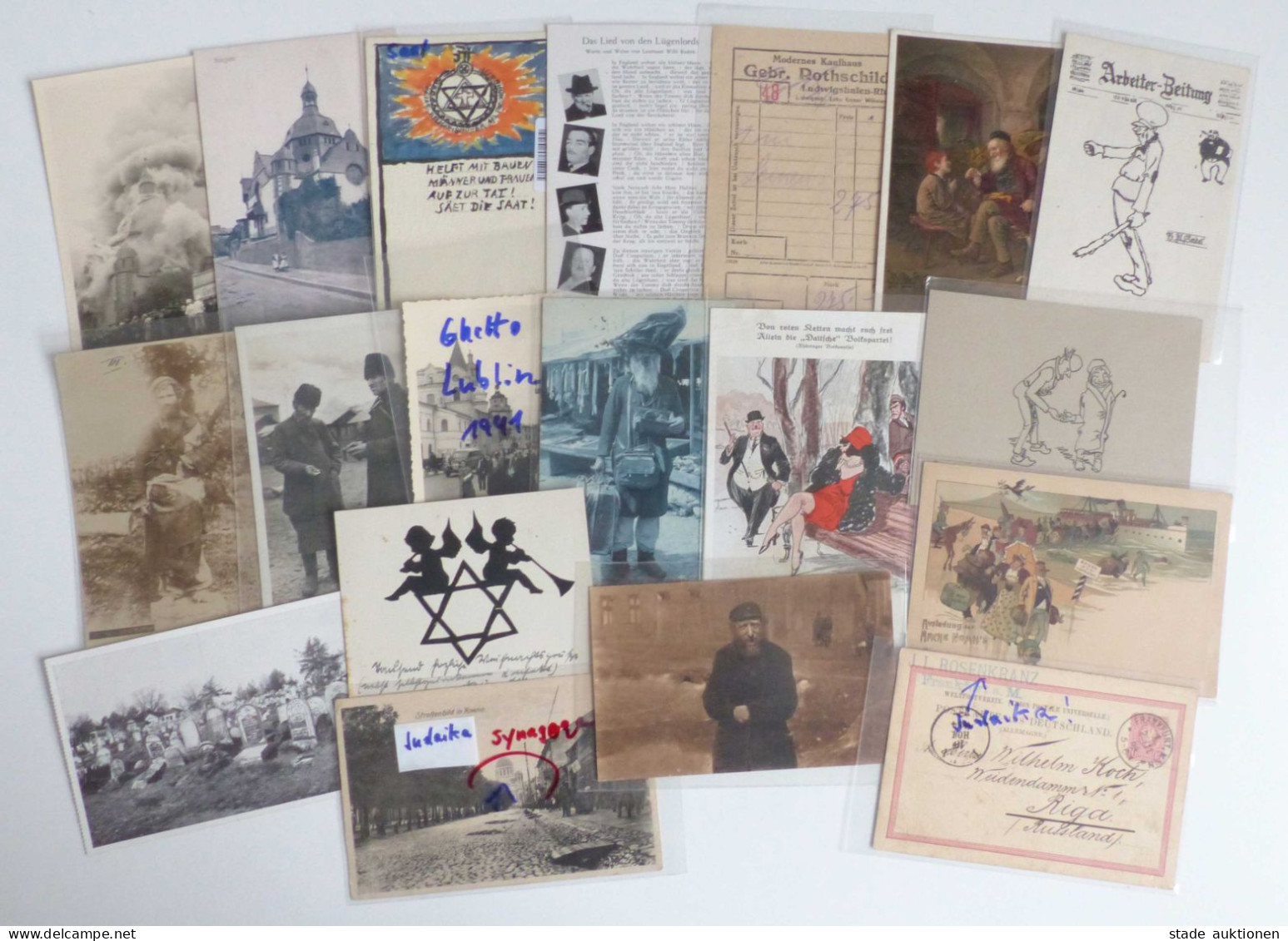 Judaika Lot mit Postkarten, antisemitische Flugblätter, Belege und Vignetten judaisme