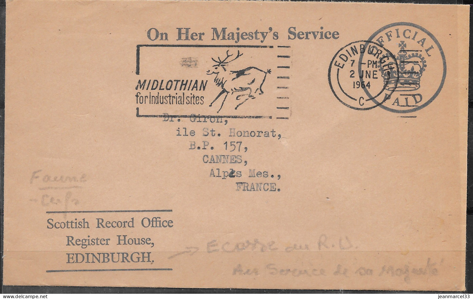 Faune Sauvage " Cerf " Machine Anglaise Illustrée =o De Edinburgh 2 JNE 1964 Sur Enveloppe Official Paid - Autres & Non Classés
