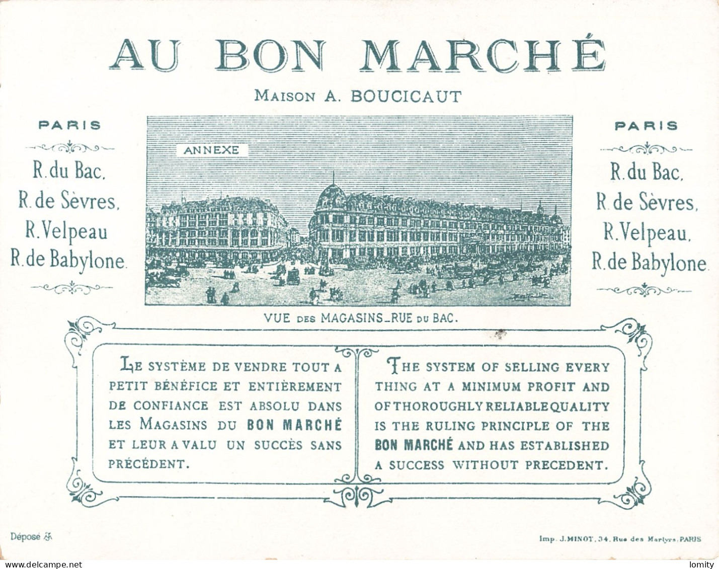 Superbe série 6 chromos Au Bon Marché Paris maison Boucicaut jolie chromo imp Minot format 13.8 x 10.8 cm illustration