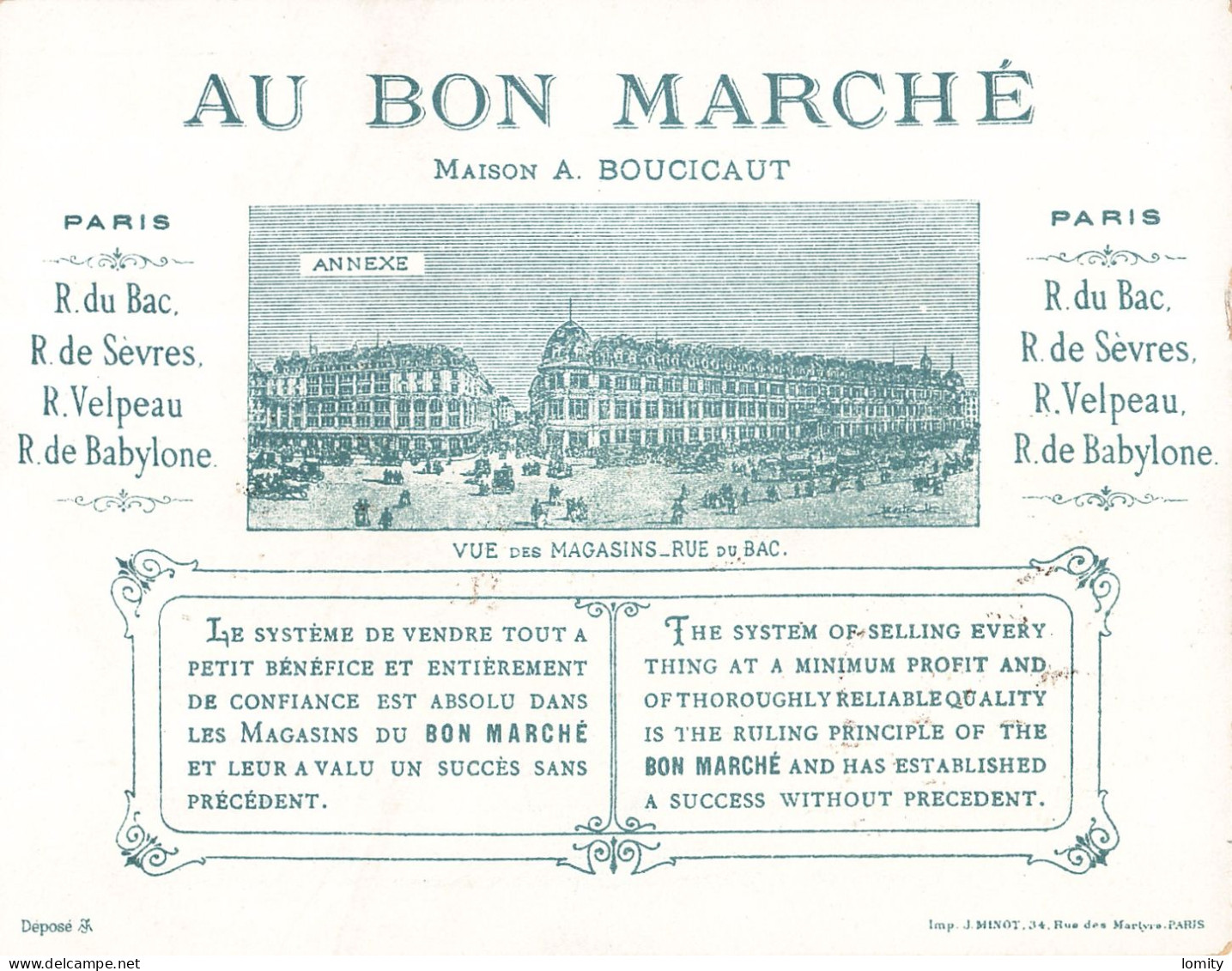 Superbe série 6 chromos Au Bon Marché Paris maison Boucicaut jolie chromo imp Minot format 13.8 x 10.8 cm illustration