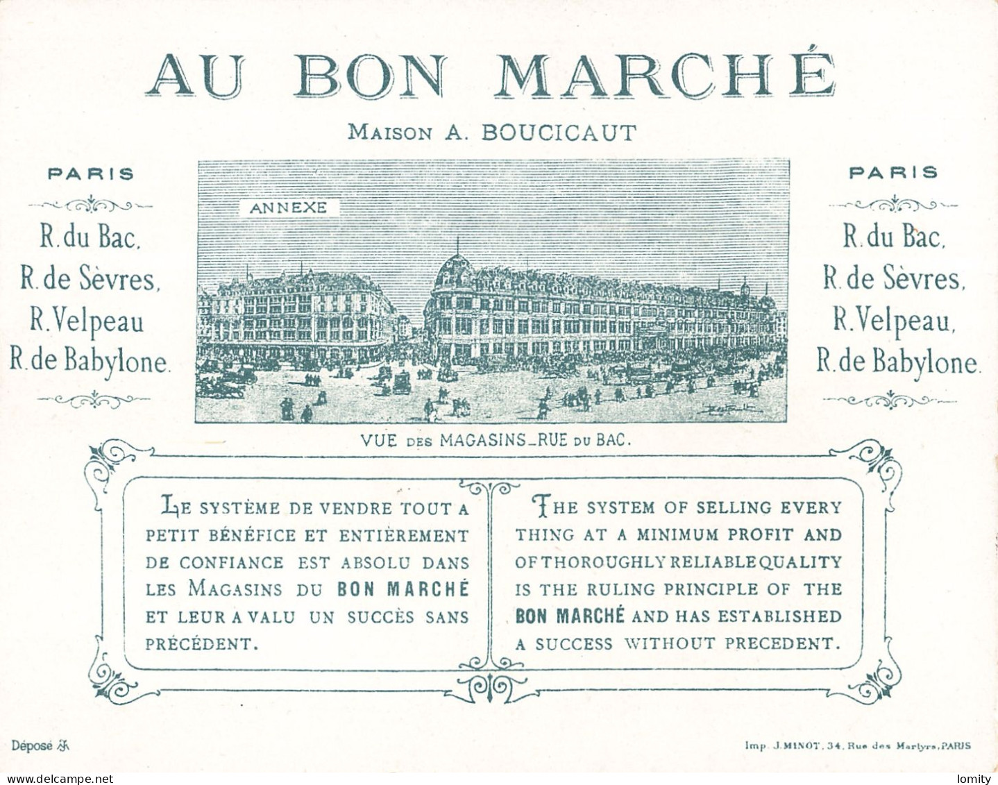 Superbe série 6 chromos Au Bon Marché Paris maison Boucicaut jolie chromo imp Minot format 13.8 x 10.8 cm illustration