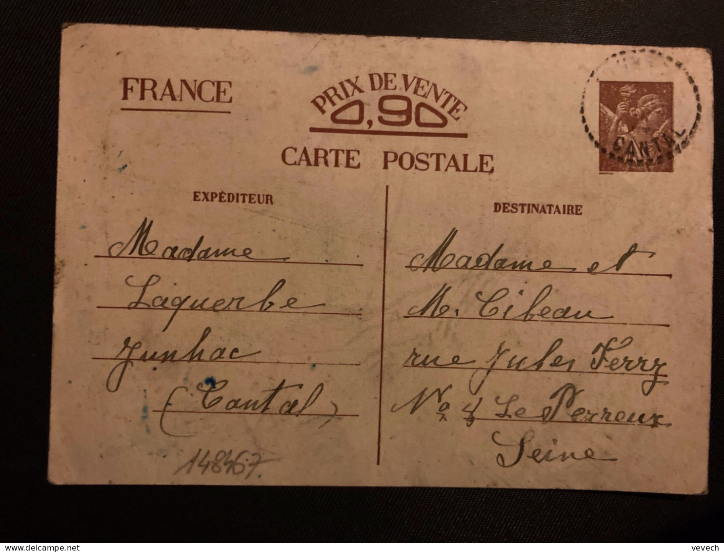 CP EP IRIS 0,90 OBL. Tiretée ?-? 40 JUNHAC CANTAL (15) Datée 14 NOVEMBRE 1940 + LAQUERBE Pour CIBEAU à LE PERREUX - WW II