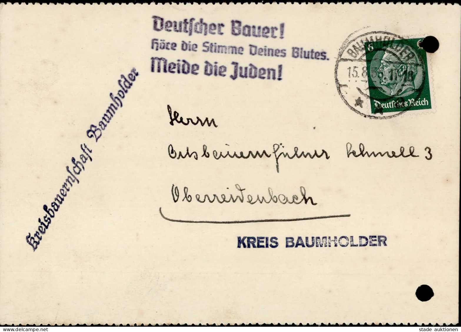 Judaika Antisemitischer Stempel Deutscher Bauer Höre Die Stimme Deines Blutes Meide Juden II (gelocht) Judaisme - Jewish