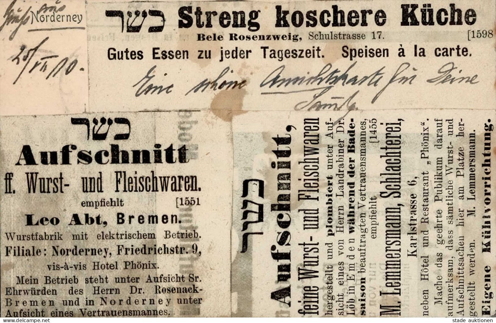 Judaika Norderney Selbstgemacht Mit Werbung Koschere Lebensmittel 1910 I-II Publicite Judaisme - Judaisme