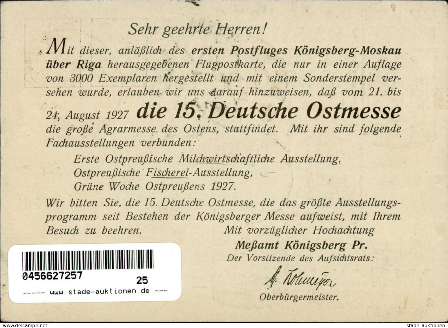 KÖNIGSBERG,Ostpr. - 1.POSTFLUG KÖNIGSBERG-MOSKAU über RIGA 15.7.27 GSK PP 96 C 1/01 Rücks. Deutscher Text  15.Deutsche O - War 1914-18