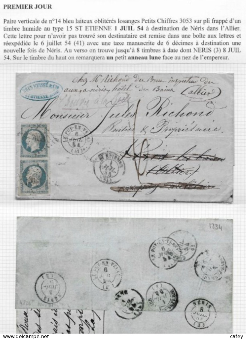PREMIER JOUR Du TARIF Et Du Timbre EMPIRE N° 14 Lettre De ST ETIENNE 01 JUIL.1854 + Double Port + Réexpédition Et Taxe 6 - 1853-1860 Napoléon III