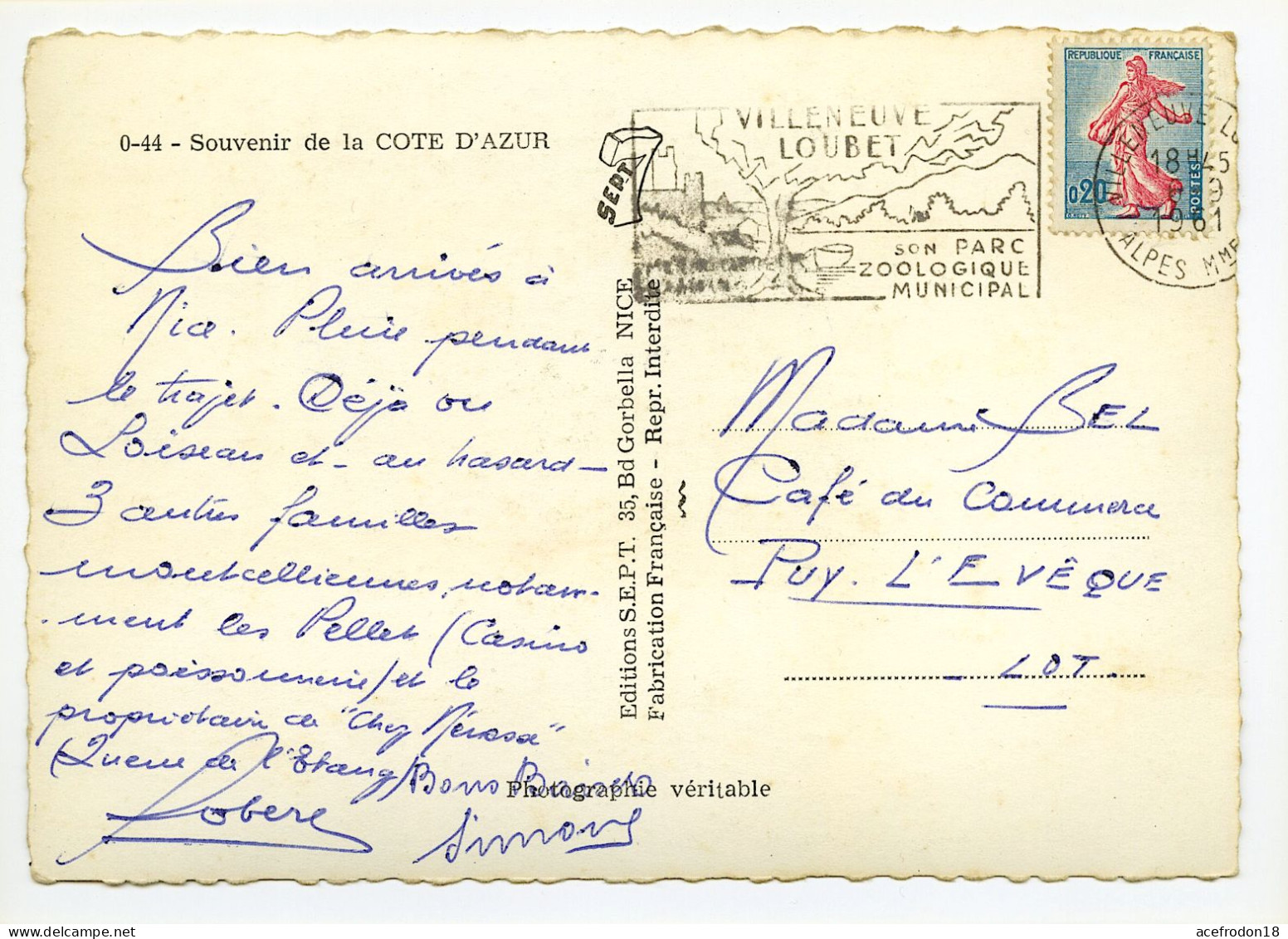 CP De Villeneuve-Loubet Pour Puy-l'Évêque - TB 0,20f Semeuse De Piel 1961 - Flamme Parc Zoologique - Usati