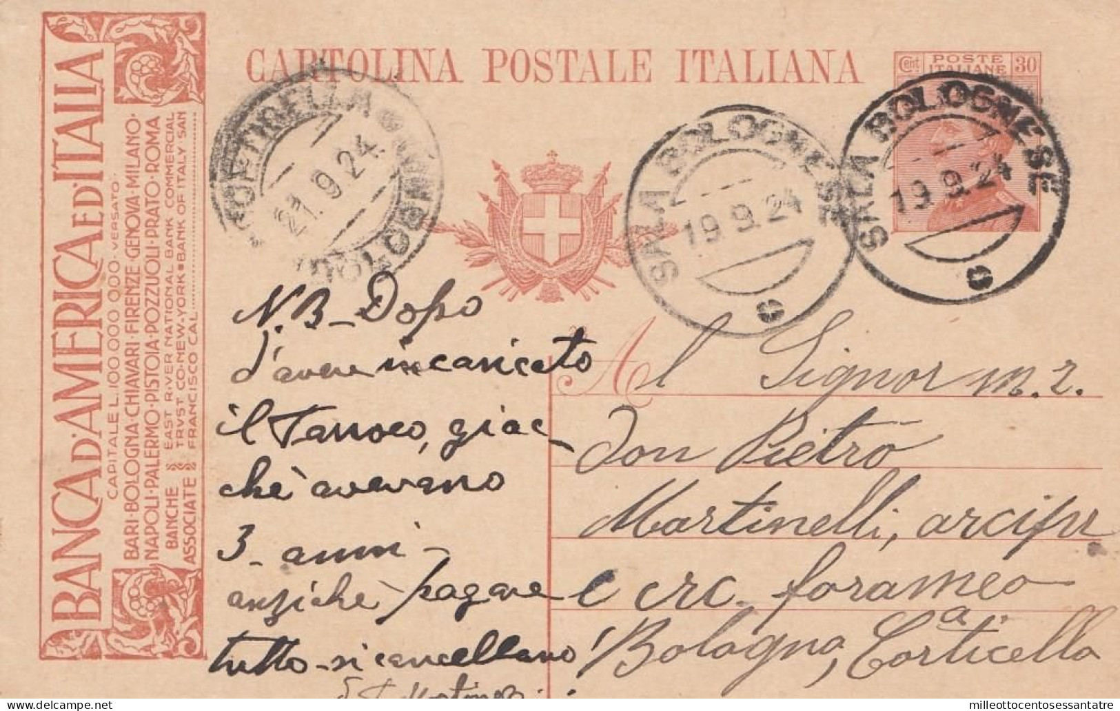 1801  - REGNO - Cartolina Postale Pubblicitaria Da Cent.30 Arancio Del 1924 Da Sala Bolognese A Corticella (BO) - Publicity