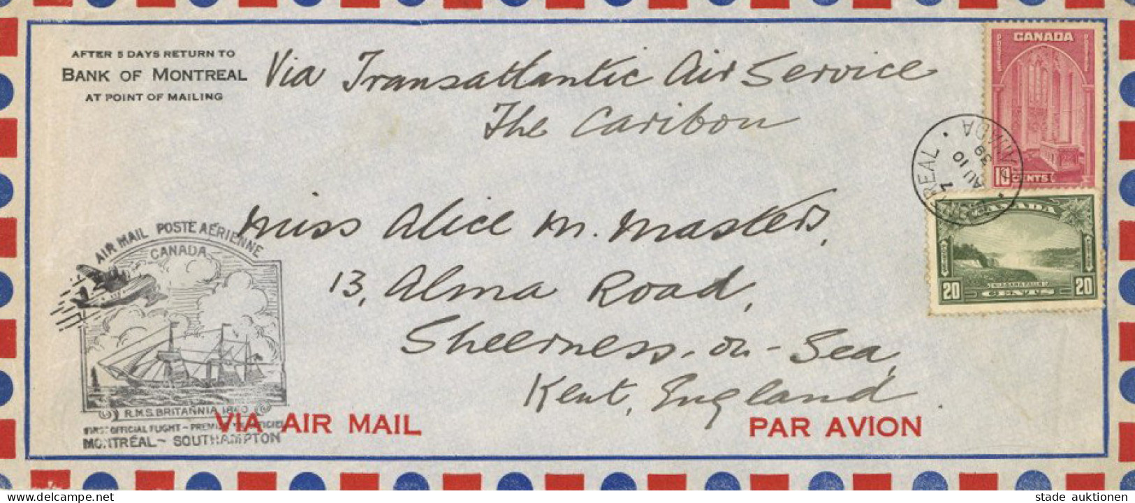 Flugpost First Flight Montreal-Southampton 10. August 1939 Via Transatlantic Air Service Flugboot Caribou Nach Sheerness - Guerra 1914-18