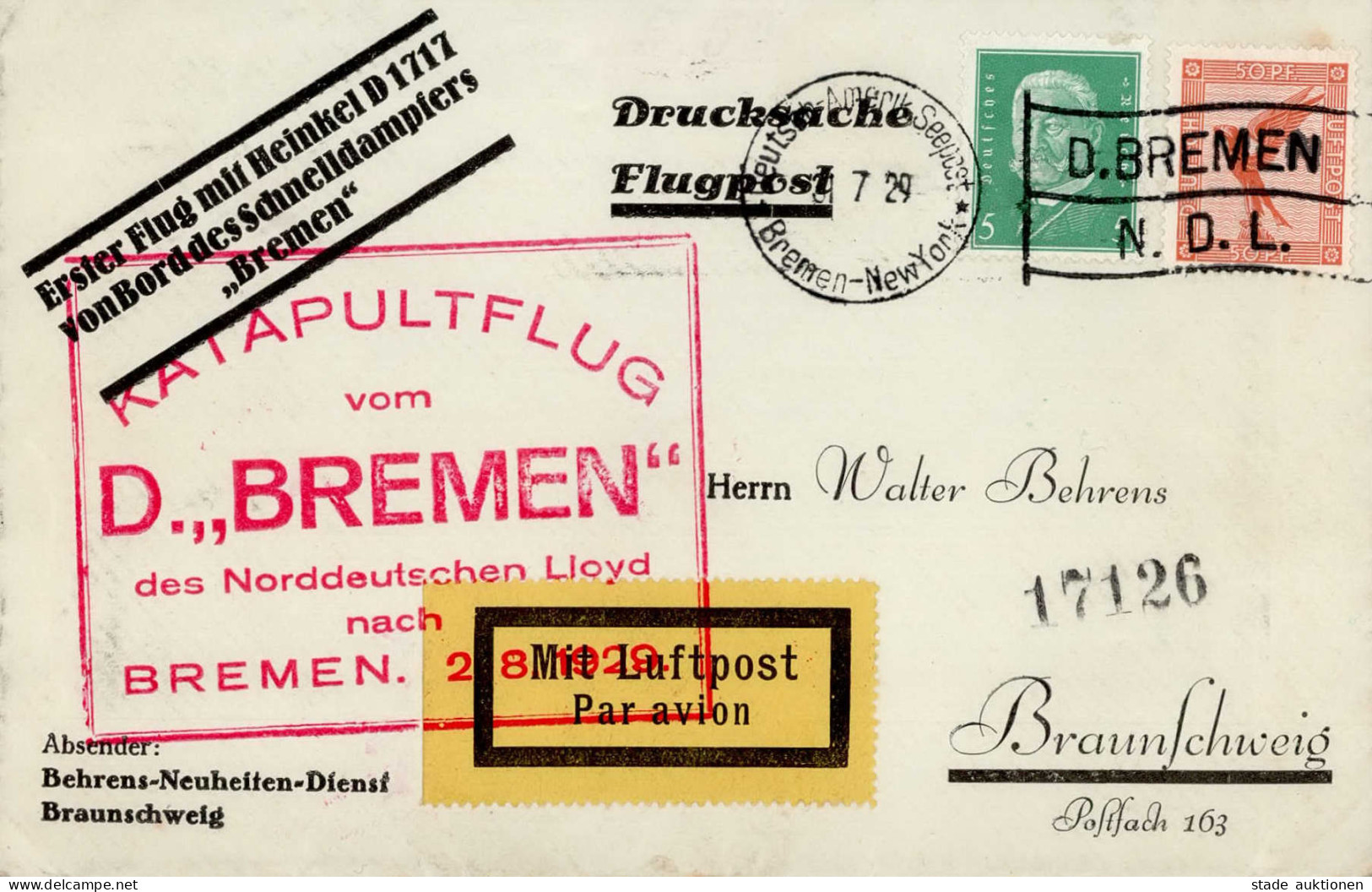 Flugpost Katapultpost Katapultflug Dampfer Bremen Des Norddeutschen Lloyd, Deutsch-Amerikanische Seepost Bremen-New York - Guerre 1914-18