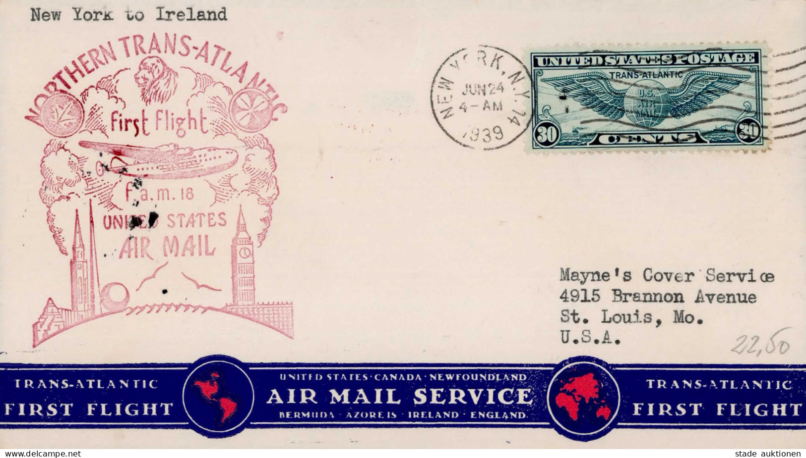 Flugpost Luftpost Northern Trans-Atlantic First Flight New York-Irland 1939, Rs. Irischer Flug-Bestätigungsstempel - War 1914-18