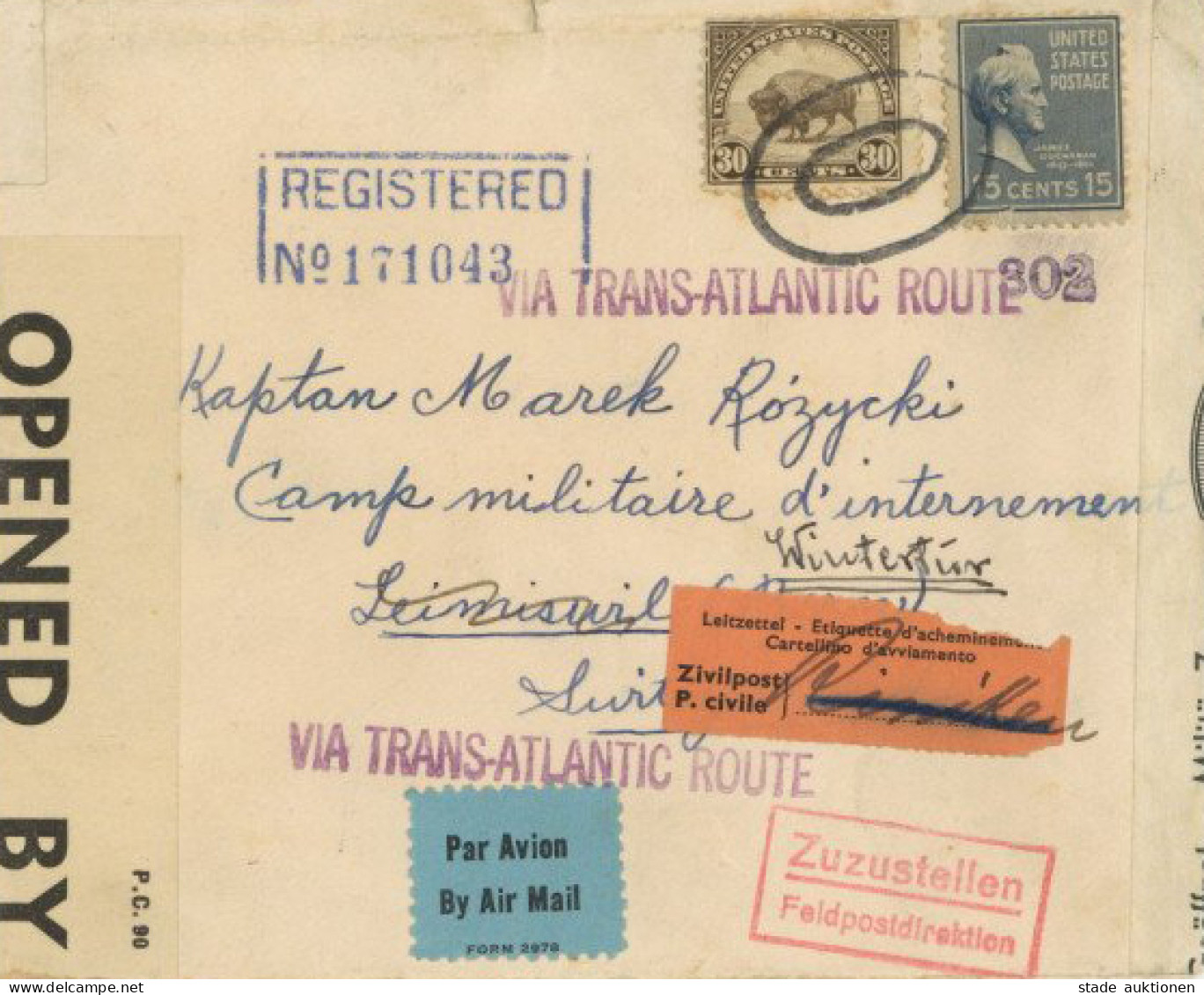 Flugpost USA-Schweiz (Militär Camp) R-Brief Via Transatlantic Route Ca. 1940, Schweizer Zensur II - Guerre 1914-18