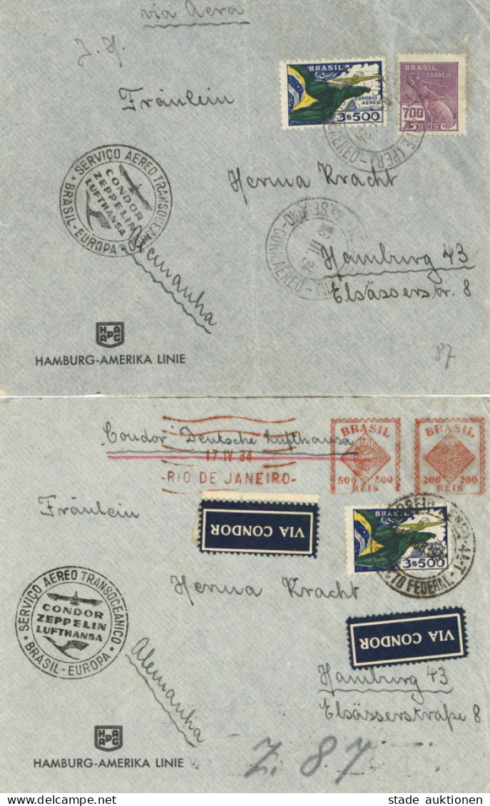 Zeppelin Condor Zeppelin Lufthansa Brasilien-Europa 2x Auf Brasilianischer Geschäftspost Der HAPAG 1934, Luftpost, 1x Ab - Dirigeables