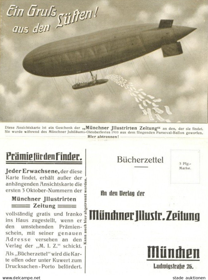 Zeppelinpost Luftschiff Parseval Doppel-Werbekarte Der Münchner Illustrierten Zeitung Mit Prämienschein Und Stempel Aus  - Dirigibili