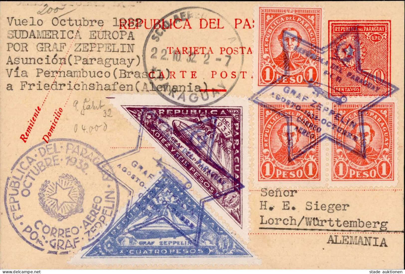 Zeppelinpost LZ 127 9. Südamerikafahrt 1932 Paraguayische Post (rs. Eingangsstempel) Dirigeable - Zeppeline