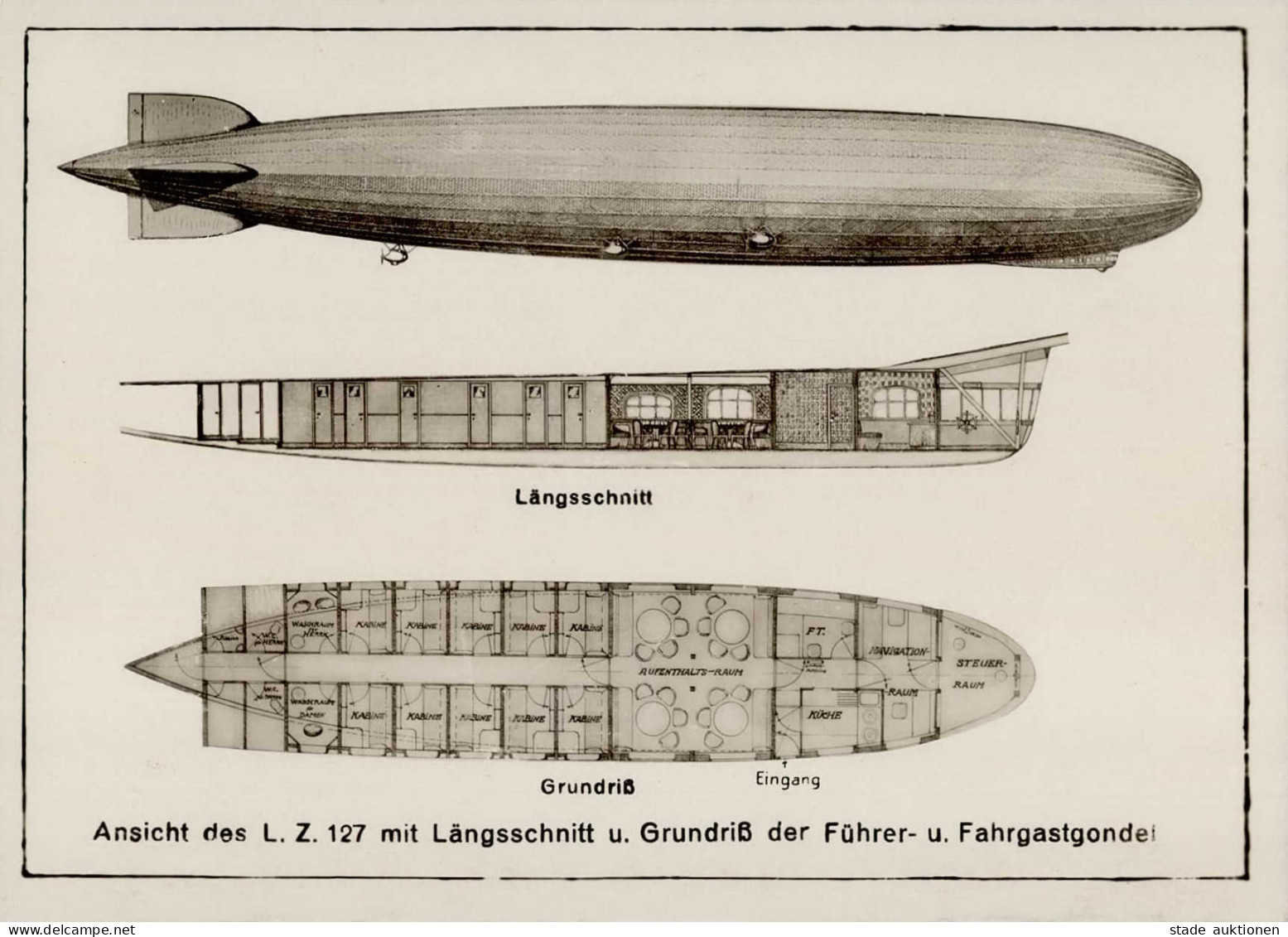 Zeppelin Ansicht Des L.Z. 127 Mit Längsschnitt U. Grundriß Der Führer- U. Fahrgastgondel I-II Dirigeable - Dirigibili