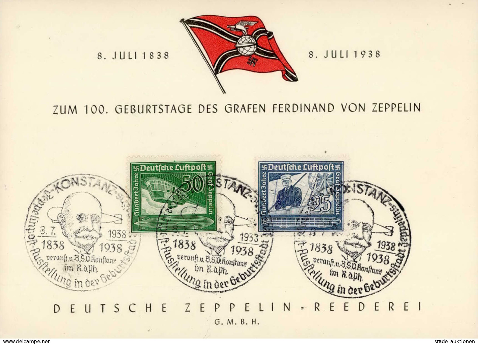 Zeppelin Jubiläumskarte Zum 100.Geburtstag Des Grafen Ferdinand V. Zeppelin 1938 I-II (keine AK-Einteilung Dirigeable - Zeppeline