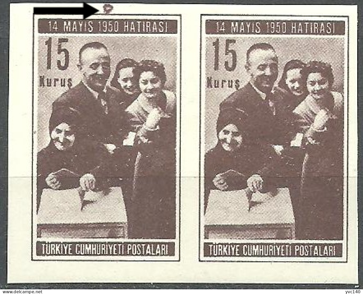 Turkey; 1950 General Elections 15 K. ERROR "Imperf. Pair & Printing Stain" - Neufs