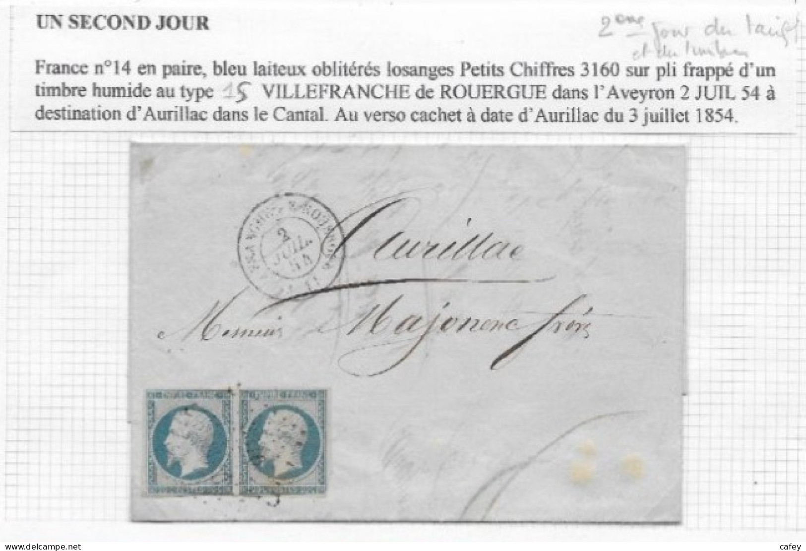 DEUXIEME JOUR Du TARIF Et Du Timbre EMPIRE N° 14 Lettre De VILLEFRANCHE DE ROUERGUE  02 JUIL.1854 + Double Port - 1853-1860 Napoléon III.