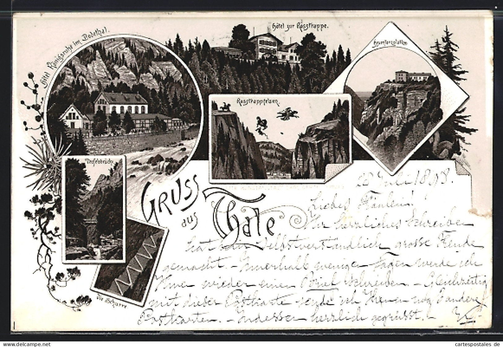 Lithographie Thale, Das Hotel Zur Rosstrappe, Der Rosstrappfelsen, Blick Zum Hexentanzplatzdie Teufelsbrücke  - Thale