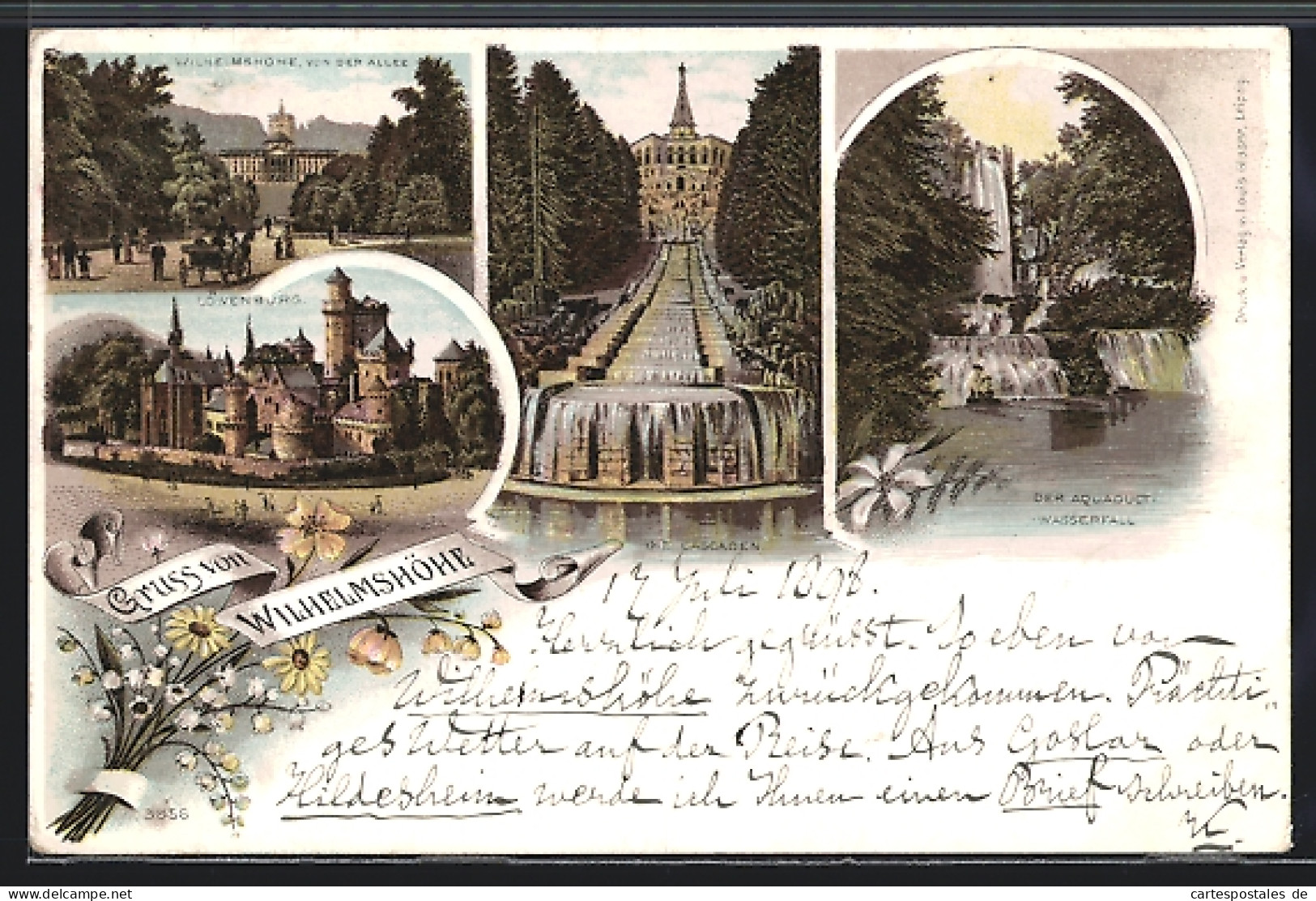 Lithographie Kassel, Aquaduct-Wasserfall, Cascaden, Wilhelmshöhe, Löwenburg  - Kassel