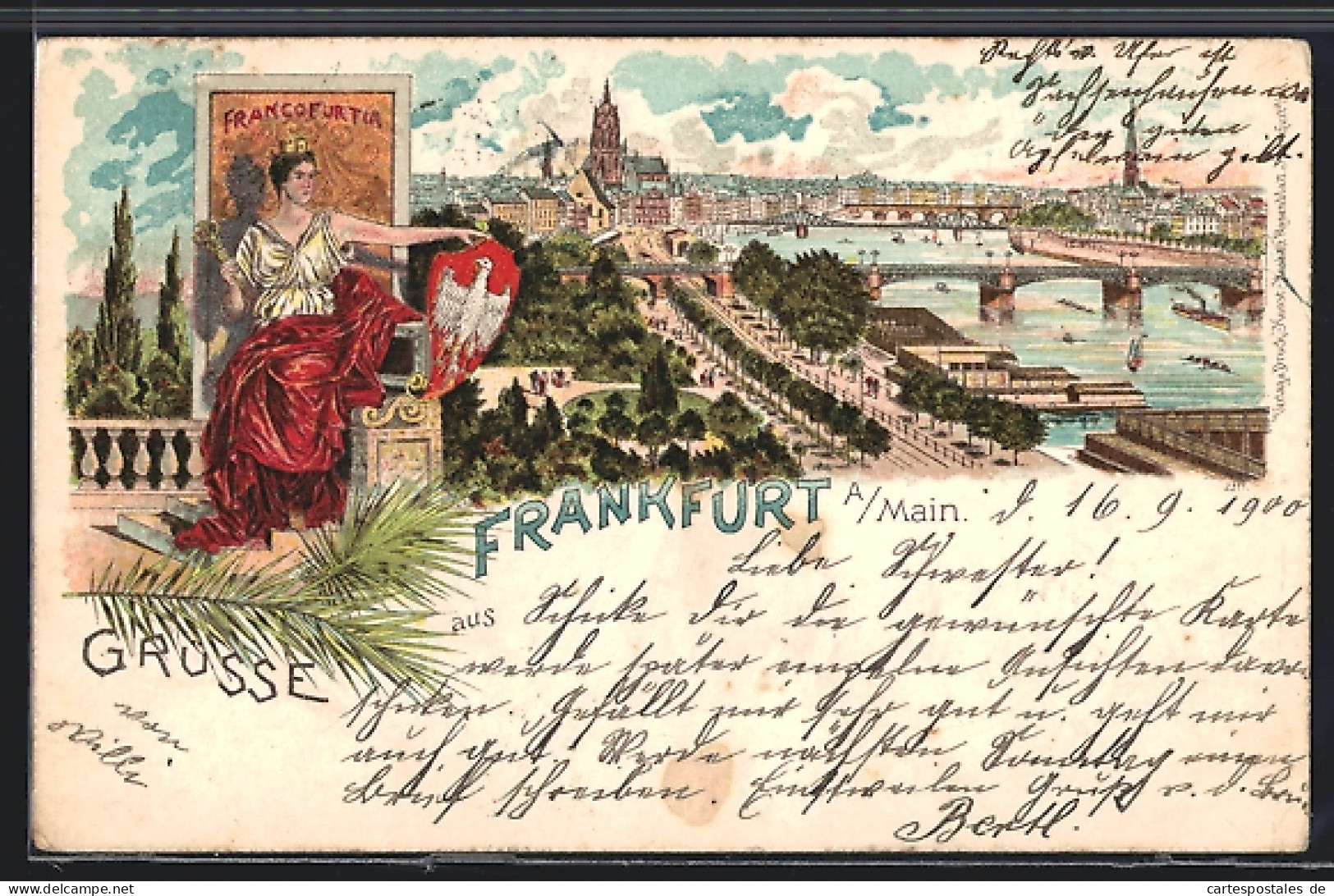 Lithographie Frankfurt /Main, Panoramablick Auf Die Stadt, Francofurtia  - Frankfurt A. Main