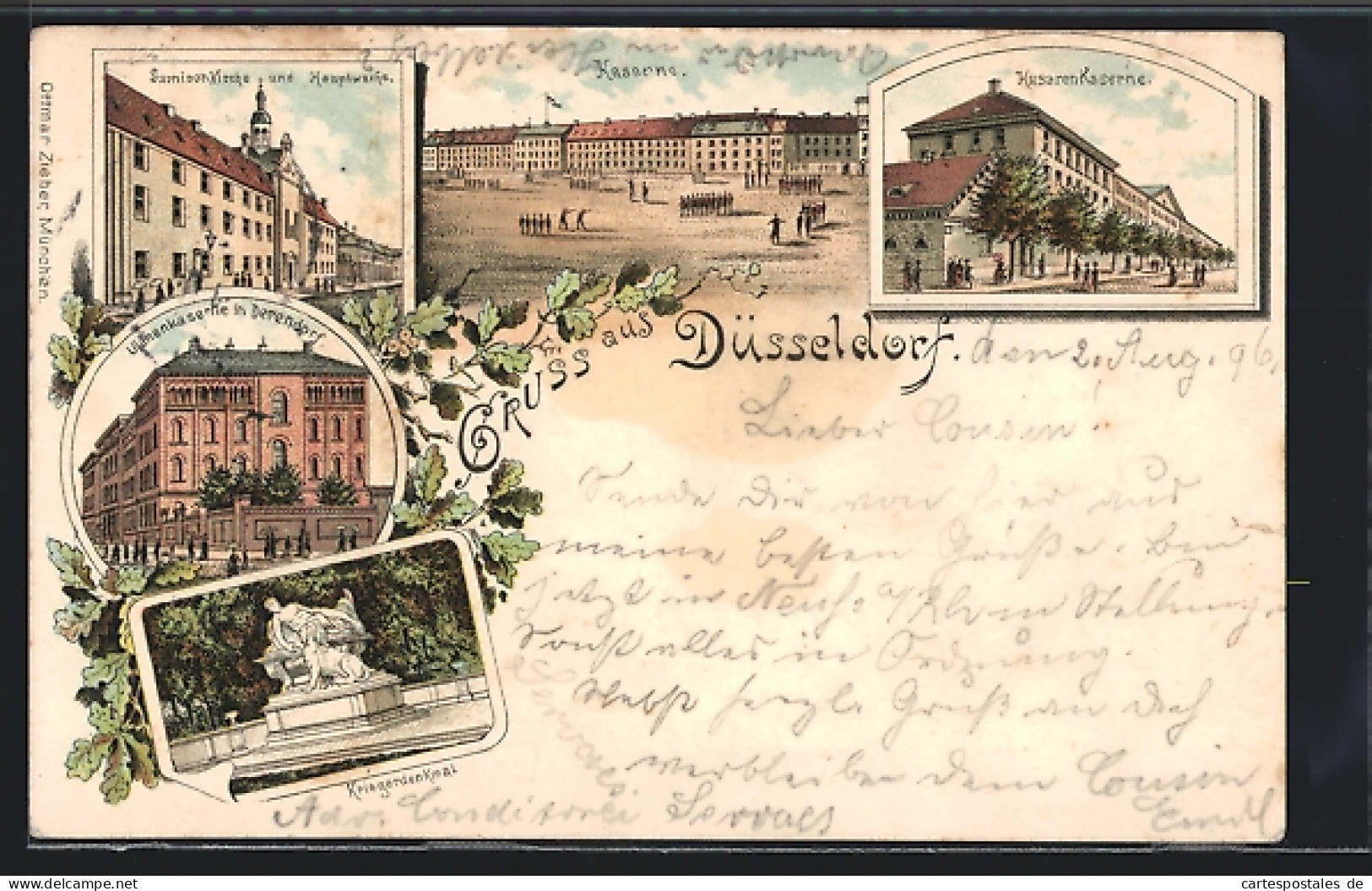 Lithographie Düsseldorf, Husaren-Kaserne, Ulanenkaserne In Derendorf, Garnisonkirche Und Hauptwache  - Düsseldorf