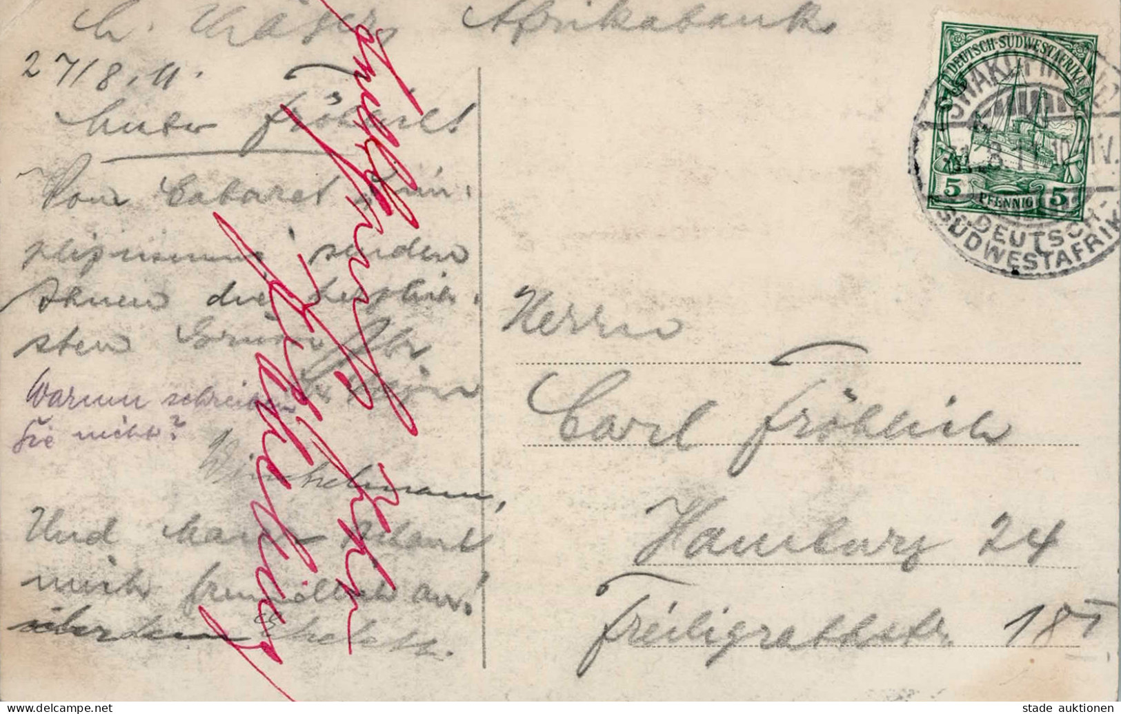 Kolonien Deutsch-Südwestafrika Nordegg, Olga Stempel Swakopmund 31.08.1911 I-II (kl. Eckbug) Colonies - Ehemalige Dt. Kolonien