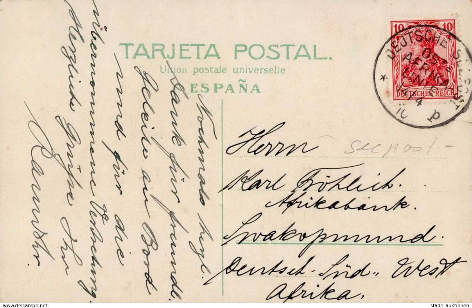 Kolonien Deutsch-Südwestafrika Deutsche Seepost Ost-Afrika-Linie Ub:p 1910 Incoming Mail Swakopmund DSWA (auf AK Las Pal - Ehemalige Dt. Kolonien