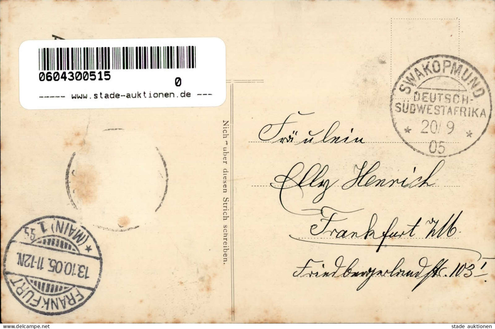 Kolonien Deutsch-Südwestafrika Goanikontes Viehtränk Stempel Swakopmund 20.09.1905 I-II (Marke Entfernt, Fleckig) Coloni - Ehemalige Dt. Kolonien