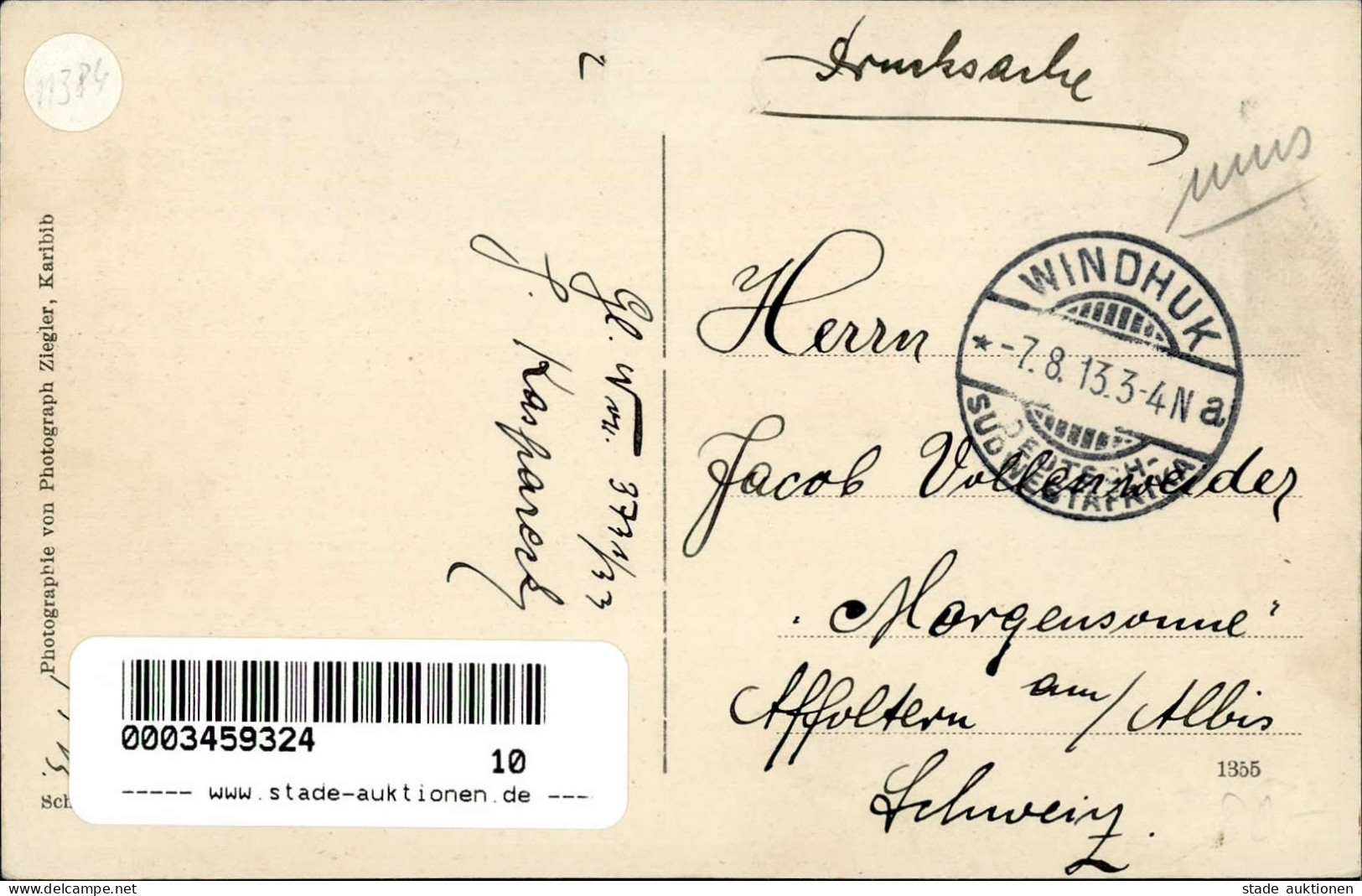 Kolonien Deutsch-Südwestafrika Tsumeb Fördersanlage Der Mine Stempel Windhuk 7.8.13 Nach Affoltern I-II Colonies - Ehemalige Dt. Kolonien