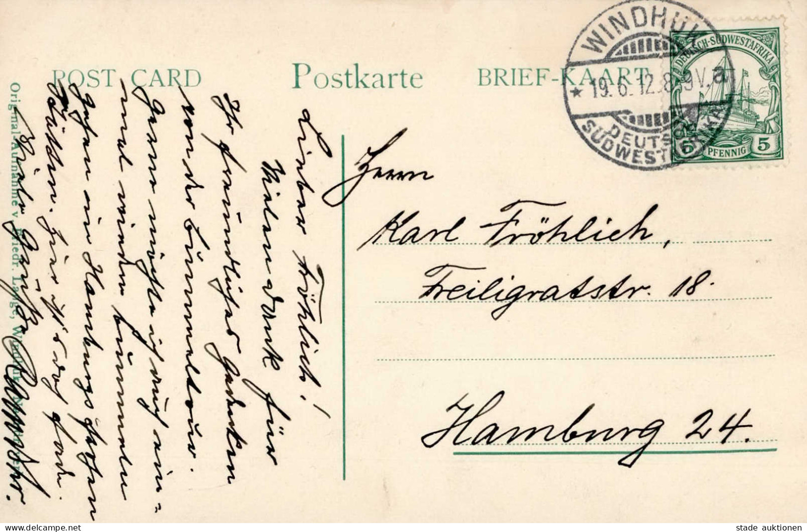 Kolonien Deutsch-Südwestafrika Windhuk 19.6.1912 Nach Hamburg I-II Colonies - Ehemalige Dt. Kolonien