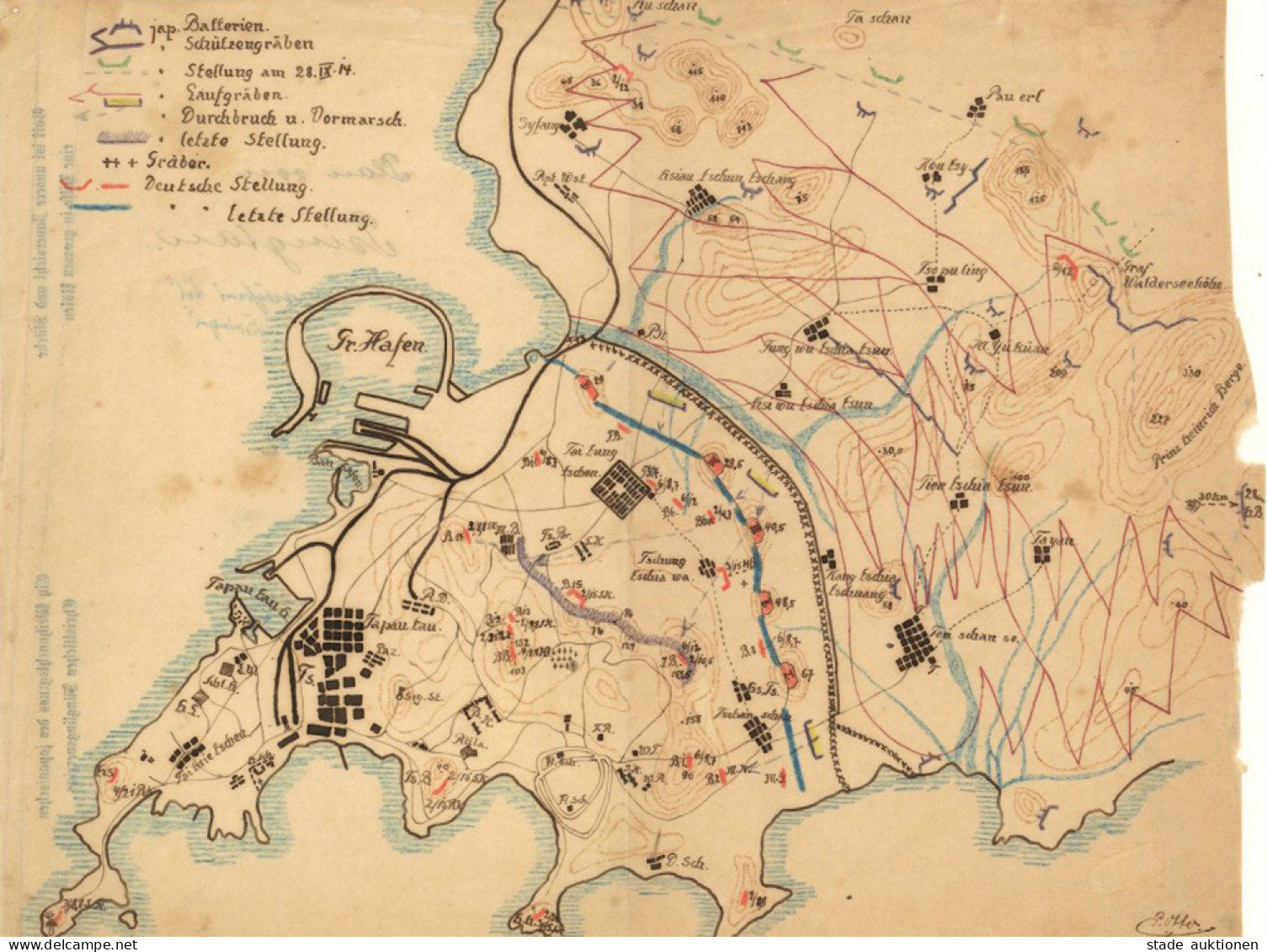 Kriegsgefangenenpost Tsingtau Handgezeichnete Karte Der Festung Tsingtau Während Des Krieges, Dabei Sind Auch Alle Stell - Ehemalige Dt. Kolonien