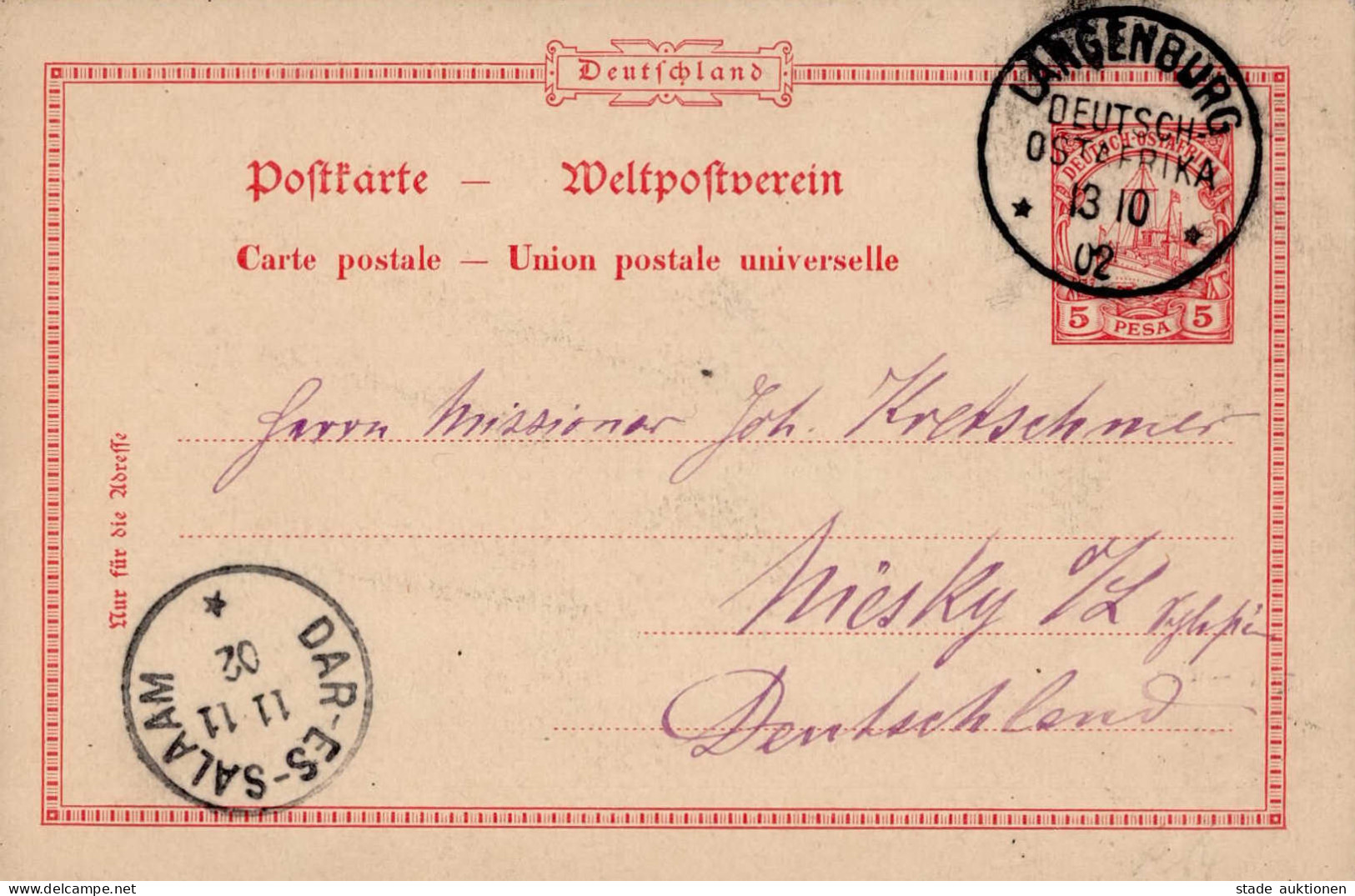 Kolonien Deutsch-Ostafrika, Auslands-Ganzsache Ab LANGENBURG Nach Dar-es-Salaam 1902, Bedarf (rs. Text Unkenntlich Gemac - Ehemalige Dt. Kolonien