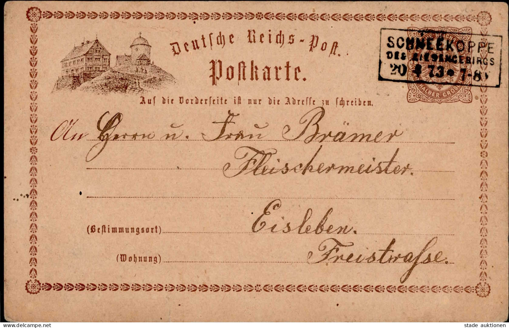 Vorläufer 1873 Schneekoppe GSK PP2 F4/02 Mit Rahmenstempel Schneekoppe 20.4.1873 Nach Eisleben I-II (Eckbug, Einriss Unt - Histoire