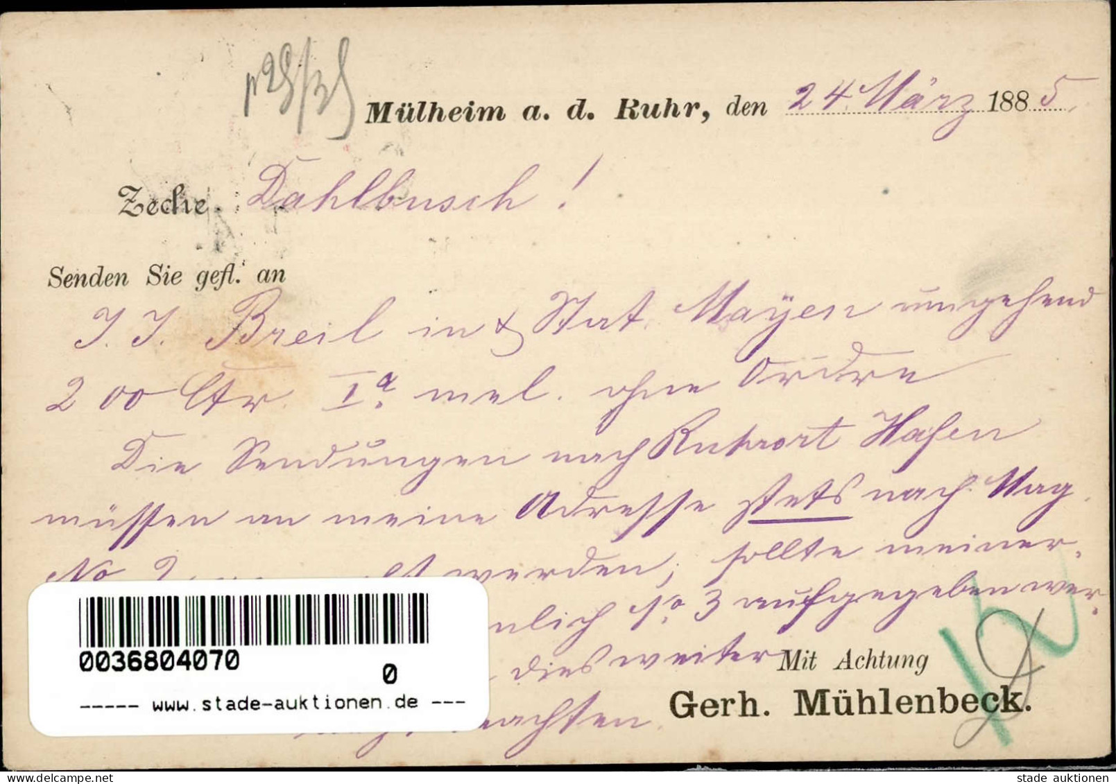 Vorläufer 1885 Mühlheim A.d.Ruhr Mühlenbeck, Gerh. Kohlenhandlung Korrespondenz-Karte I-II - Geschichte