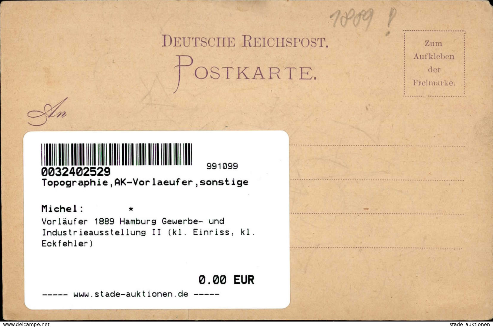 Vorläufer 1889 Hamburg Gewerbe- Und Industrieausstellung II (kl. Einriss, Kl. Eckfehler) - Storia