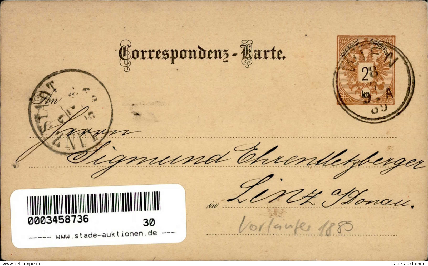 Vorläufer Correspondenz-Karte Wien 28.07.1885 I-II - Geschiedenis