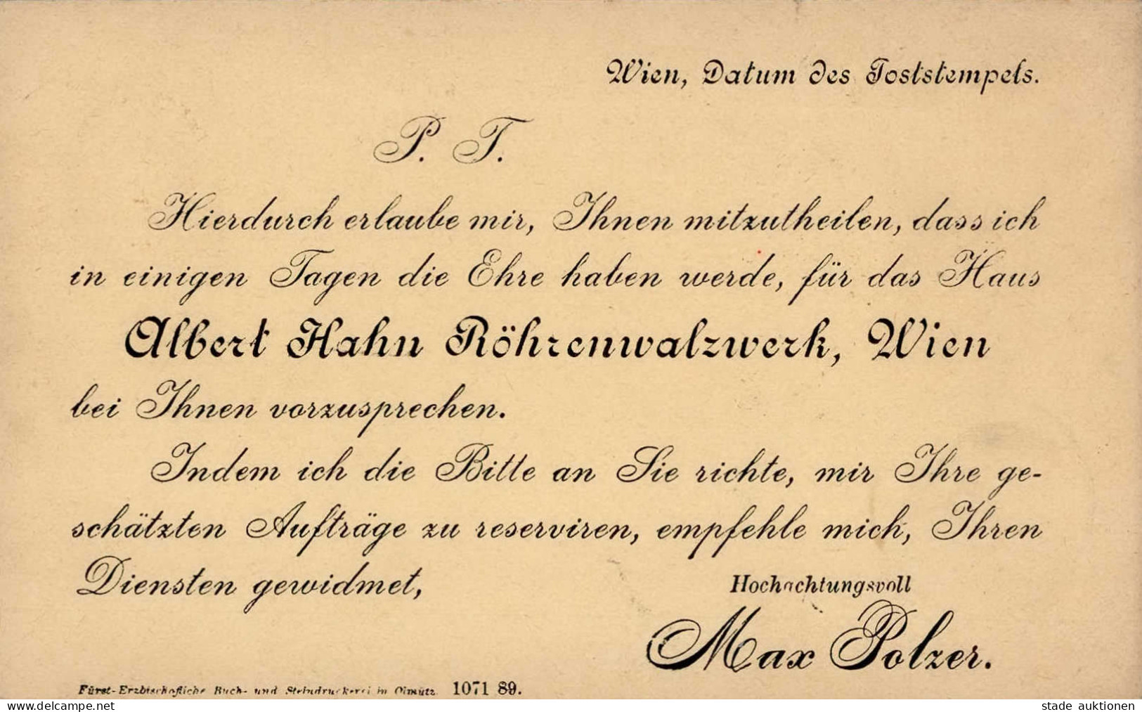 Vorläufer Correspondenz-Karte Wien 29.07.1889 I-II - Geschiedenis