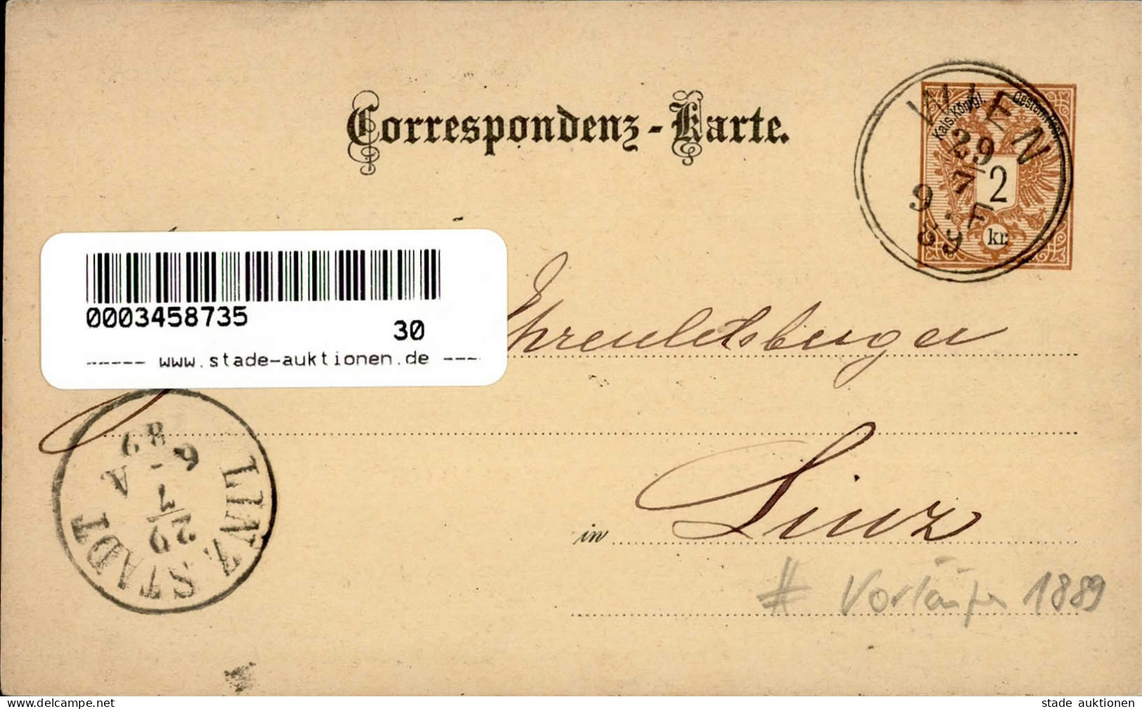 Vorläufer Correspondenz-Karte Wien 29.07.1889 I-II - Histoire