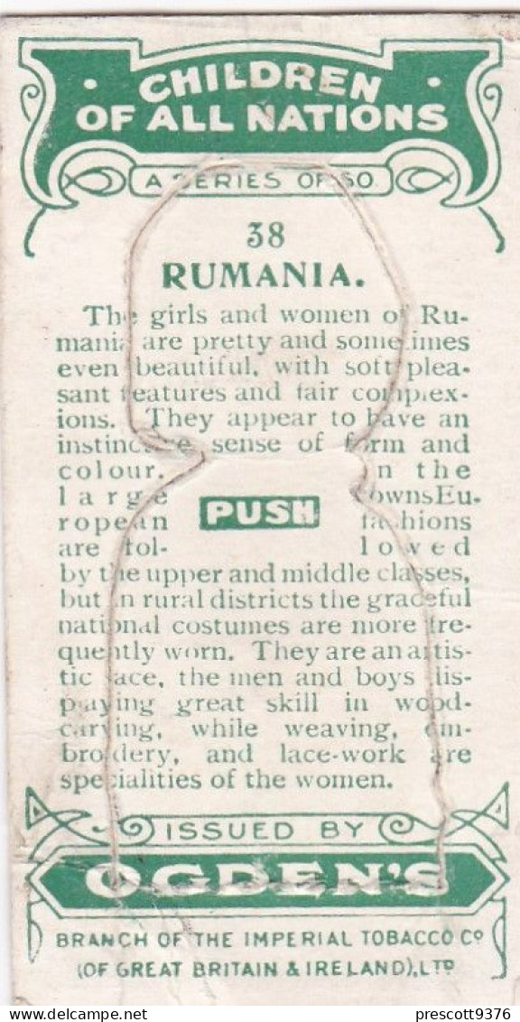 38 Rumania - Children Of All Nations 1924  - Ogdens  Cigarette Card - Original, Antique, Push Out - Ogden's