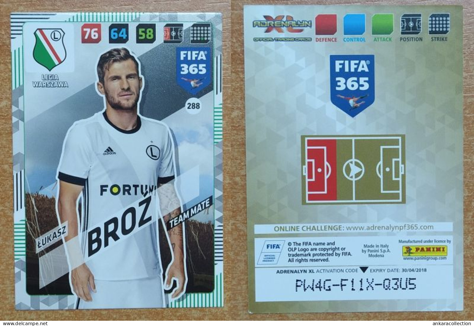 AC - 288 LUKASZ BROZ  LEGIA WARSZAWA  PANINI FIFA 365 2018 ADRENALYN TRADING CARD - Trading Cards