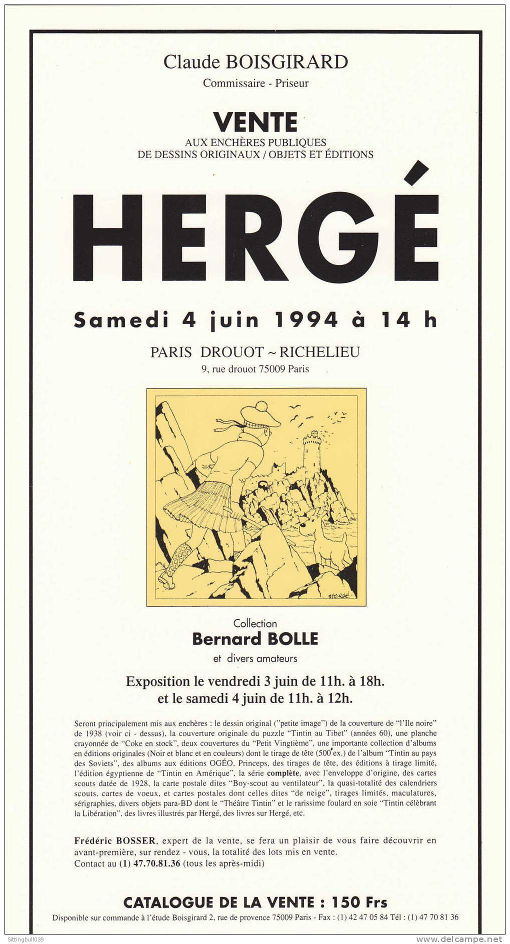 TINTIN. Affichette L'Île Noire Pub Vente Aux Enchères De Dessins Originaux, Etc De Hergé 1994. Boisgirard Paris Drouot. - Oggetti Pubblicitari