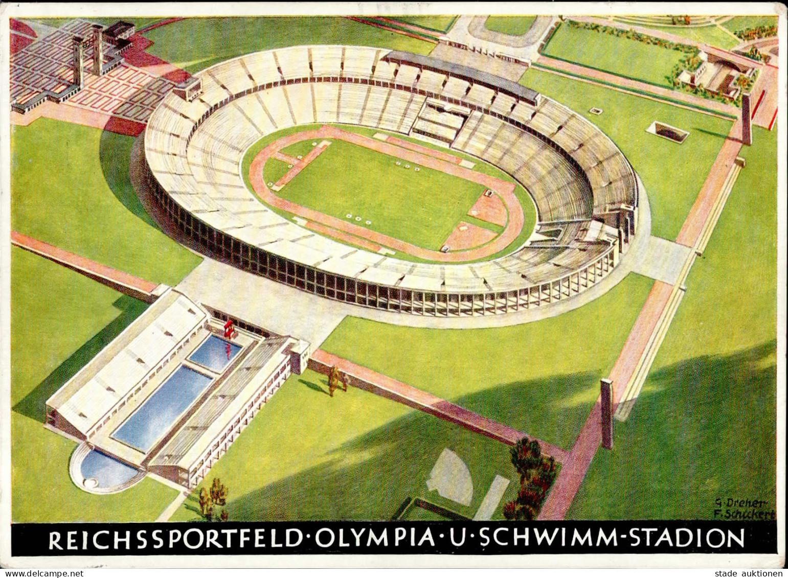Olympiade 1936 Berlin Reichssportfeld U. Schwimm-Stadion Sign. Dreher S-o I-II - Olympische Spiele